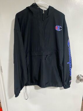 Champion Black Hooded Pullover with Blue & Red Logos